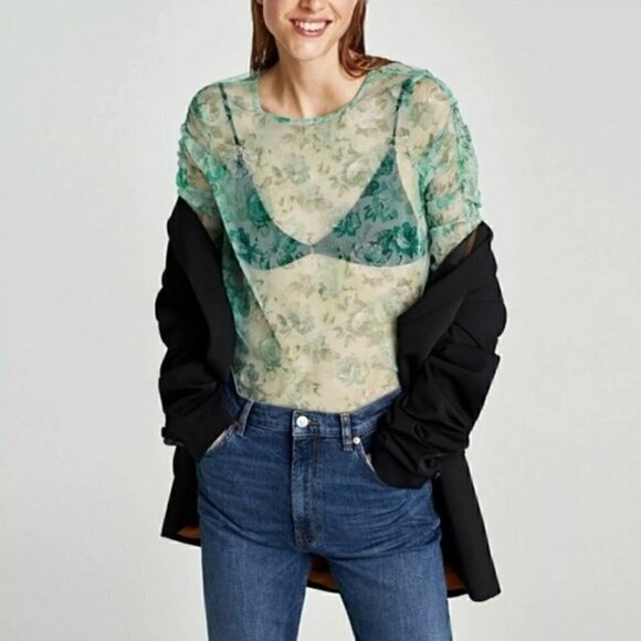 Zara Mesh Top S Green Floral Print Ruched Long Sleeve Sheer Trendy - Picture 10 of 16